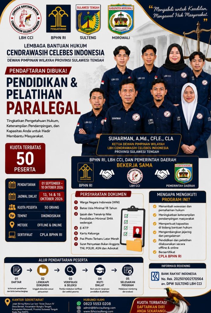Poster Pendidikan dan Pelatihan Paralegal LBH CCI DPW Sulawesi Tengah
