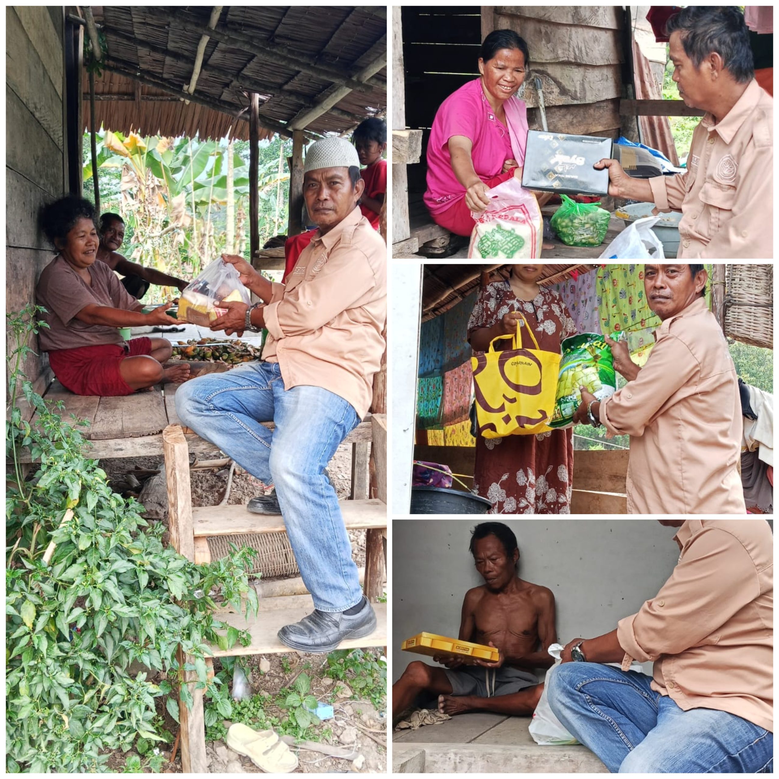 Kolase empat foto penyerahan paket bahan kebutuhan pokok kepada warga di beberapa rumah.